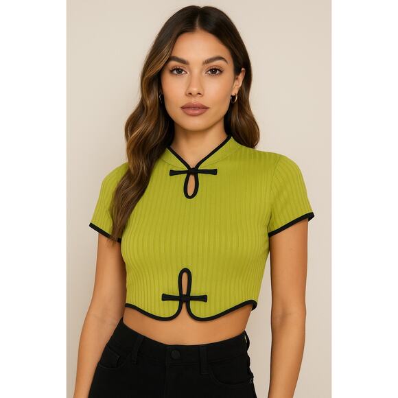 Zara Tops - SHEIN Green Ribbed Crop Top S Mandarin Collar Contrast Trim
